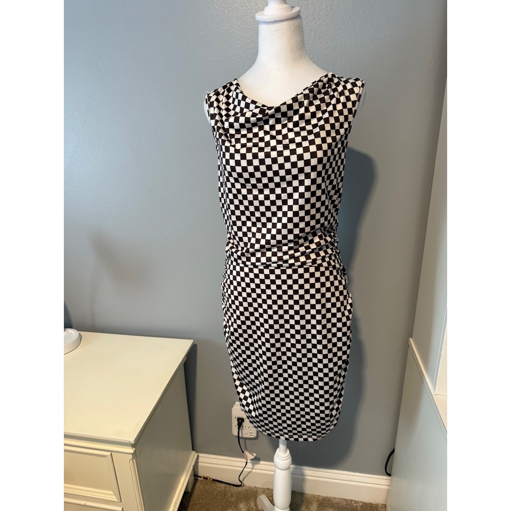 Womens Black White Checkered Cowl Neck Ruched Side Bodycon Midi Dress XL